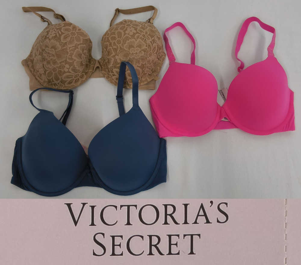 Victoria's Secret Lot of 3 Bras Size 32DD Beige/Pink/Blue Lace Tshirt #W5463